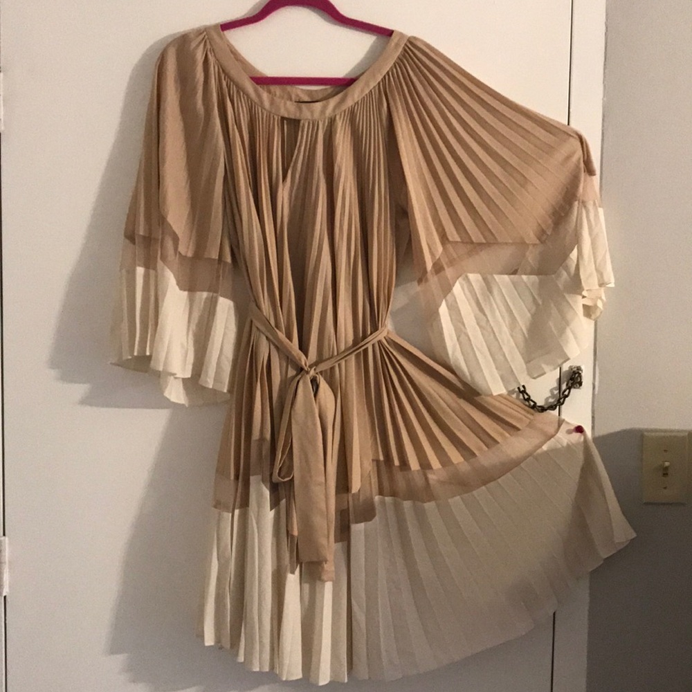 Beige Flutter Sleeve Pleated Dress